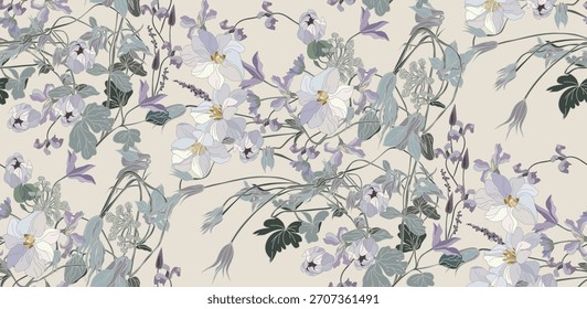 Flores coloridas padrão sem costura no fundo cinza para papel de embrulho, papel de parede e têxtil	
