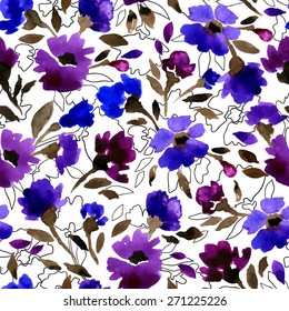 Colorful flowers. Seamless pattern on white background . Watercolor painting