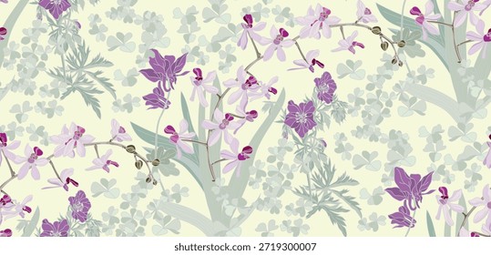 Patrón inconsútil de las flores coloridas en el fondo amarillo claro para envolver el papel, la impresión del Fondo de pantalla y la materia textil	