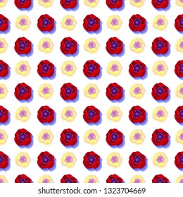 Colorful flowers seamless pattern, red and yellow roses, print wallpaper background, paper cover, vector illustration.