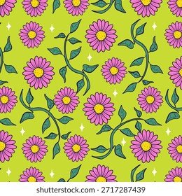 Farbige Blumen nahtloses Muster. Frühlingsdoodle-Blumen. Flaches Vektormuster.