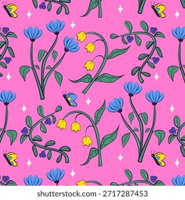 Colorful flowers seamless pattern. Spring doodle flowers. Flat vector pattern.