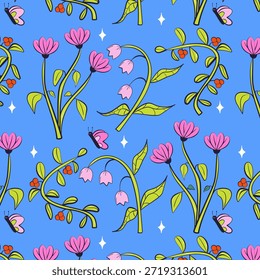 Colorful flowers seamless pattern. Spring doodle flowers. Flat vector pattern.