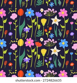 Flores coloridas sin patrón. Flores dibujadas a mano de primavera. Patrón de Vector plano.