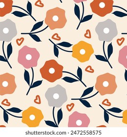 Colorful flowers seamless pattern,vector illustration hand drawn style, floral doodle background,minimal botanical art, funny basic nature shapes wallpaper.