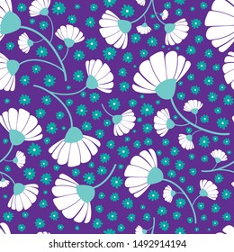 Colorful flowers seamless repeat pattern for decor, wrapping paper, clothing, pillows, curtains, interior.