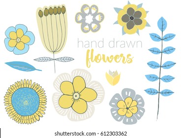 Colorful flowers set. Hand drawn floral elements. Yellow and turquoise