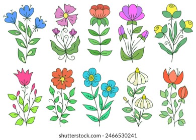 Colorful flowers set. Various cute colorful flowers.