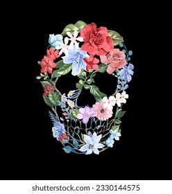 colorful flowers in skull shape vector illustration on black background