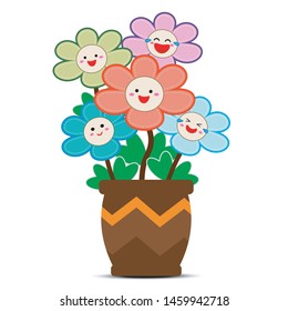 Colorful flowers with smiles on faces and potted