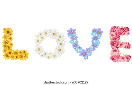 Colorful of Flowers spelling love alphabet vector design