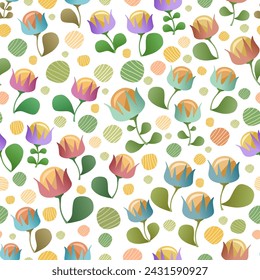 Colorful flowers and striped dots isolated on white vector seamless pattern. Attractive texture for printing on various surfaces (textile, wrapping, packages, apparel etc.) or use in graphic design.