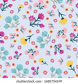 Colorful flowers summertime seamless vector pattern on a light background. Girly nature themed surface print design. For fabrics, stationery and packaging.