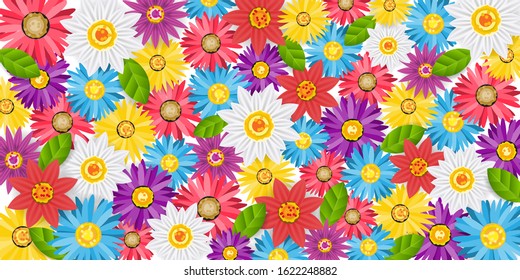 colorful flowers texture background. spring florals pattern surface template design for wallpaper, greeting card, flyers, web, invitation, posters, brochure, banner & copy space. vector illustration 