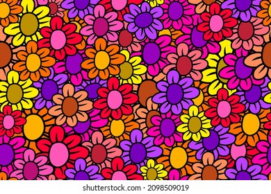 Colorful flowers texture background with yellow, orange, pink and purple on seamless pattern vector illustration.