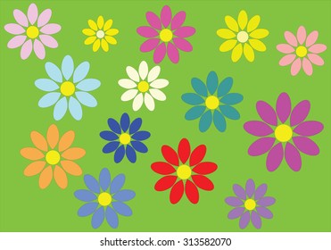 Colorful flowers that make a carpet on green background