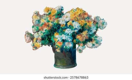 Colorful flowers in a vase, blooms. The flowers are arranged in a vase, highlighting their vivid colors and lively appearance. A floral display in a vase. Vintage flower illustration, vector.