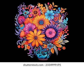 colorful flowers in a vase on a black background