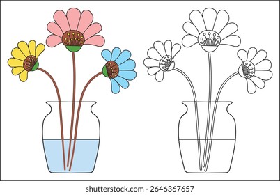 Colorful flowers in a vase with water and a black and white version of the same image beside it