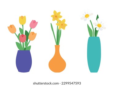 Colorful flowers in vases. Tulips, daffodil (narcissus) and chamomile. Set of colored vases with blooming flowers for decoration and interior.  Vector illustration