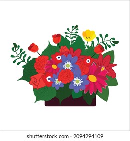 Colorful Flowers in Vases Vector Illustration, Spring colorful flowers in pots Vector
