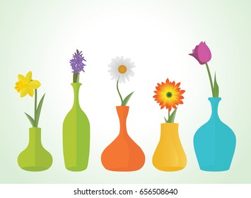 Colorful Flowers In Vases Vector Illustration