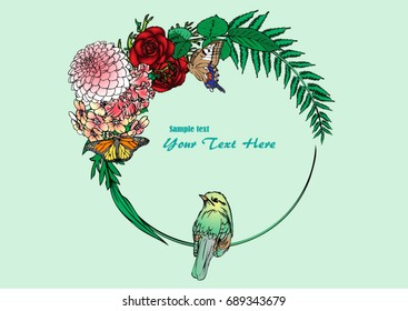 Colorful flowers vector in circular frame with butterfly and bird