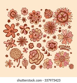 Colorful Flowers. Vector set of Doodle Flowers.