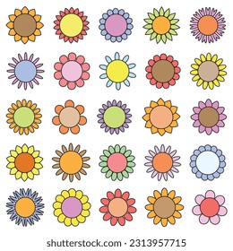 Juego de vectores de flores coloridas. Sencillos iconos en flor de flores en estilo plano.