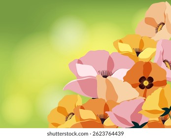 Colorful flowers in a vector style against a soft green backdrop. Bright, warm tones create a lively, cheerful composition