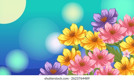 Colorful flowers in a vector style with a gradient blue-green background. Bright, vivid colors create a lively and cheerful composition