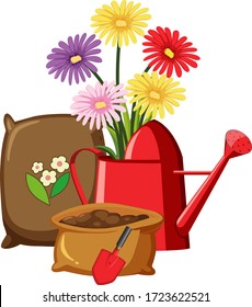 Colorful flowers in watering can on white background illustration