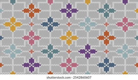 Colorful flowers with white line on grey knitted pattern, Festive Sweater Design. Seamless Knitted Pattern