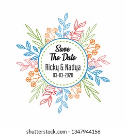 Colorful flowers wreath with cute flowers and leaves.Design for invitation, wedding or greeting cards