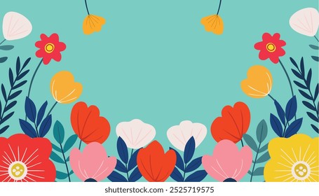 A colorful flowery background with a blue sky. The flowers are in various colors and sizes, and they are scattered throughout the background. Scene is cheerful and vibrant