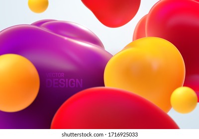 Colorful flowing bubbles. Vector 3d illustration. Abstract background. Soft translucent smooth balls. Lava lamp liquid shapes. Fluid spheres. Modern banner or cover design