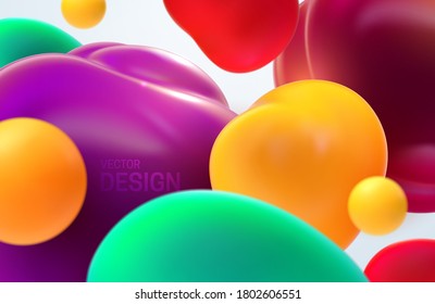 Colorful flowing bubbles. Vector 3d illustration. Abstract background. Soft translucent smooth balls. Lava lamp liquid shapes. Fluid spheres. Modern banner or cover design