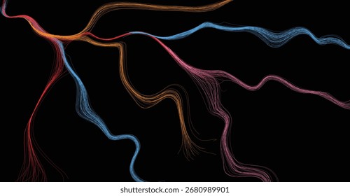 Linhas coloridas fluindo de espessura e direção variadas contra um fundo escuro. As linhas parecem convergir e divergir.