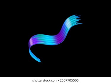 A colorful, flowing ribbon brushstroke with a gradient of blue, purple, and green hues on a black background. 3d icon vector illustration features a smooth, dynamic curve.