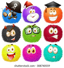 Colorful fluffy balls with faces illustration