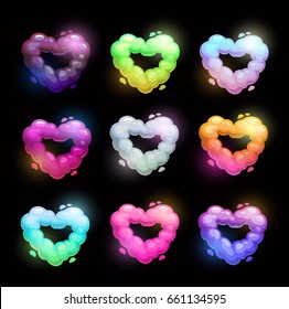 Colorful fluffy heart shape clouds. Vector love symbols set.