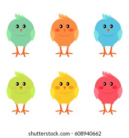 Colorful fluffy spring chickens set isolated on white background. Mascot symbols of Easter celebration vector illustration. Friendly feast animal to make religious holiday attractive to children.