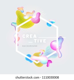 Colorful fluid art abstract with hexagonal frame and space for your text.
