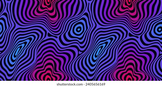 Colorful fluid curved lines seamless pattern. Vector abstract background, dynamical ripple surface, 3D effect, illusion of movement. Neon blue and red gradient. Retro 80-90's fashion style design