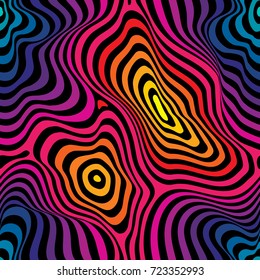 Colorful Fluid Curved Lines Seamless Pattern. Abstract Striped Background, Dynamical Ripple Surface, 3D Visual Effect, Illusion Of Movement. Retro 80-90's Fashion Style, Rainbow Colors. - Stock Vector