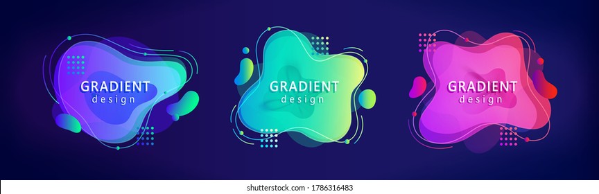 Colorful fluid gradient elements with halftone and frame, isolated on dark blue background, applicable to label and futuristic decoration