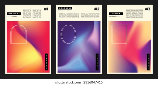 Colorful fluid gradient mesh background template copy space set. Dynamic colour gradation backdrop design for poster, banner, leaflet, pamphlet, cover, or magazine.