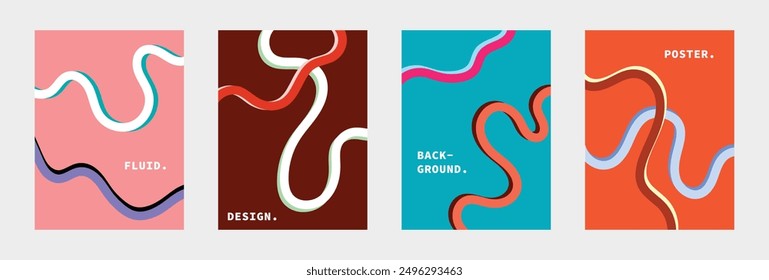 Colorful fluid lines poster design set. Abstract modern background template copy space bundle. For advertisement, cover, banner, or presentation.