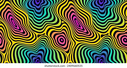 Líneas onduladas de fluido colorido y un patrón ininterrumpido. Fondo abstracto vectorial, superficie de rizo dinámica, efecto 3D, línea líquida. Gradiente de arcoiris de neón brillante funky. Diseño de moda retro 80-90