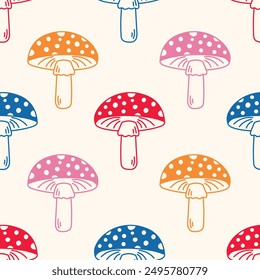 Colorful Fly agaric Doodle Seamless Pattern. Cute playful childish background with colourful fungus. Fun dotted amanita repeat vector illustration